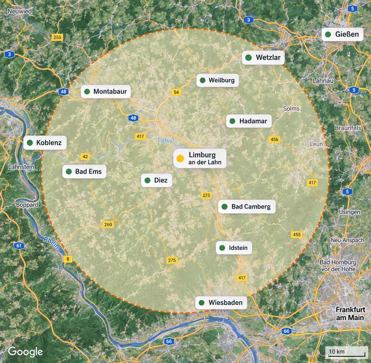 Umkreiskarte des Einsatzgebiets rund um Limburg mit Wetzlar, Bad Ems und Koblenz