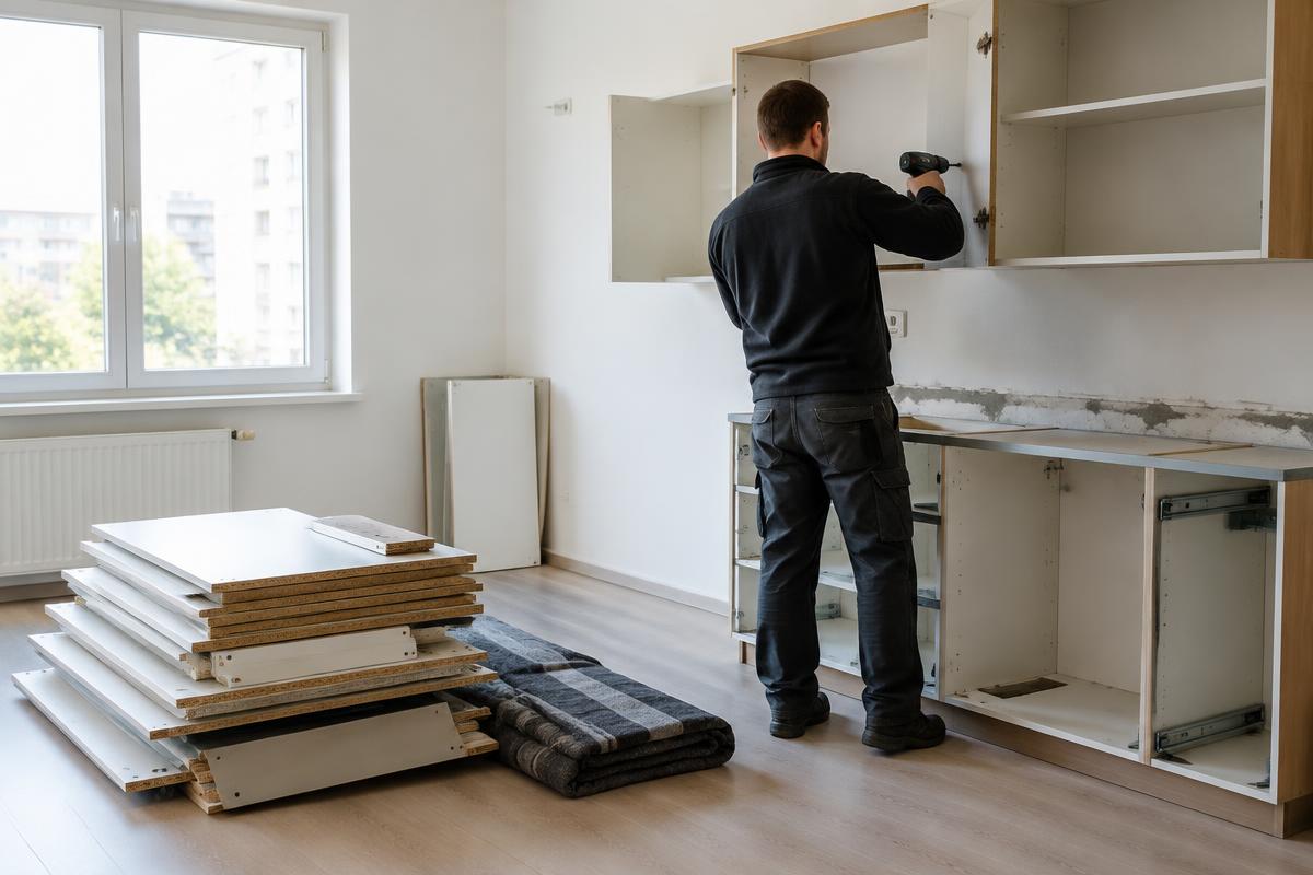Mitarbeiter baut eine Einbauküche bei einer Haushaltsauflösung ab